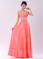 Shining Coral Red Sleeveless Beading Floor Length Prom Party Dress