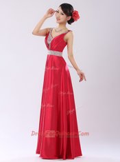 Shining Coral Red Sleeveless Beading Floor Length Prom Party Dress