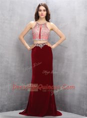 Silk Like Satin Scoop Sleeveless Sweep Train Criss Cross Beading Evening Dress in Burgundy