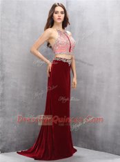 Silk Like Satin Scoop Sleeveless Sweep Train Criss Cross Beading Evening Dress in Burgundy