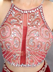 Silk Like Satin Scoop Sleeveless Sweep Train Criss Cross Beading Evening Dress in Burgundy
