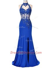 Floor Length Royal Blue Prom Dresses High-neck Sleeveless Backless