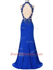 Floor Length Royal Blue Prom Dresses High-neck Sleeveless Backless