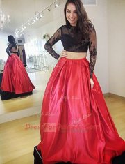 Long Sleeves Satin Floor Length Backless Dress for Prom in Red with Lace