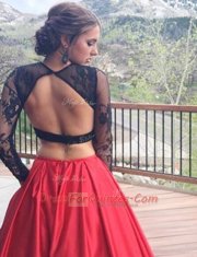 Long Sleeves Satin Floor Length Backless Dress for Prom in Red with Lace