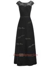 Suitable Scoop Floor Length A-line Cap Sleeves Black Prom Gown Zipper