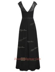 Suitable Scoop Floor Length A-line Cap Sleeves Black Prom Gown Zipper