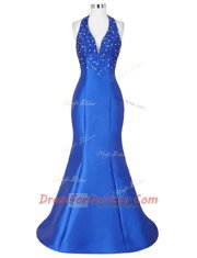 Captivating Mermaid Halter Top Beading Prom Evening Gown Royal Blue Lace Up Sleeveless Floor Length