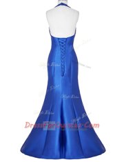 Captivating Mermaid Halter Top Beading Prom Evening Gown Royal Blue Lace Up Sleeveless Floor Length