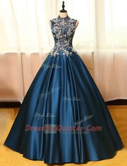 Latest Navy Blue A-line High-neck Sleeveless Satin Floor Length Backless Appliques Prom Dress