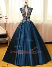 Latest Navy Blue A-line High-neck Sleeveless Satin Floor Length Backless Appliques Prom Dress