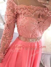 Scoop Long Sleeves Chiffon Prom Gown Beading and Appliques Zipper