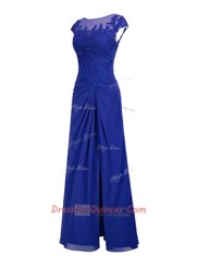 Royal Blue A-line Chiffon Scoop Cap Sleeves Appliques Floor Length Zipper Prom Evening Gown