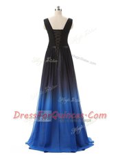 V-neck Sleeveless Floor Length Belt Blue And Black Chiffon and Tulle