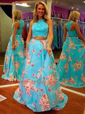 Eye-catching Halter Top Beading and Appliques and Pattern Prom Gown Blue Zipper Sleeveless Floor Length