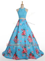 Eye-catching Halter Top Beading and Appliques and Pattern Prom Gown Blue Zipper Sleeveless Floor Length