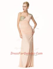 Affordable Mermaid Peach Zipper One Shoulder Beading and Ruching Prom Dresses Chiffon Sleeveless