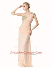 Affordable Mermaid Peach Zipper One Shoulder Beading and Ruching Prom Dresses Chiffon Sleeveless