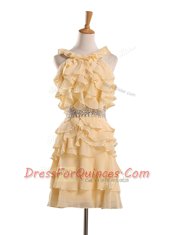 Halter Top Gold Chiffon Zipper Homecoming Dress Sleeveless Knee Length Beading and Ruffles
