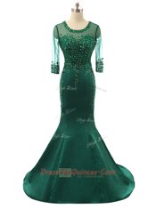 Mermaid Scoop Zipper Evening Dress Green for Prom and Wedding Party with Beading Brush Train