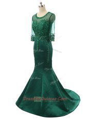 Mermaid Scoop Zipper Evening Dress Green for Prom and Wedding Party with Beading Brush Train