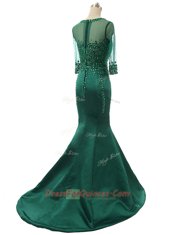 Mermaid Scoop Zipper Evening Dress Green for Prom and Wedding Party with Beading Brush Train