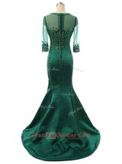 Mermaid Scoop Zipper Evening Dress Green for Prom and Wedding Party with Beading Brush Train