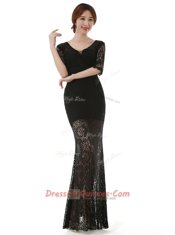 Black Column/Sheath Lace Scoop Half Sleeves Lace Ankle Length Zipper Prom Dress