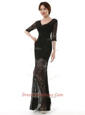 Black Column/Sheath Lace Scoop Half Sleeves Lace Ankle Length Zipper Prom Dress