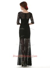 Black Column/Sheath Lace Scoop Half Sleeves Lace Ankle Length Zipper Prom Dress