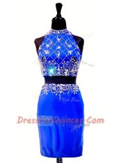 Chic Royal Blue Zipper Beading Sleeveless Mini Length