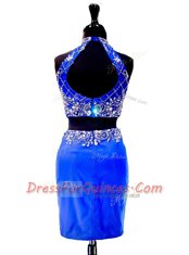 Chic Royal Blue Zipper Beading Sleeveless Mini Length