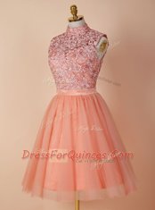 Peach Backless High-neck Appliques Prom Dress Organza Sleeveless