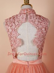 Peach Backless High-neck Appliques Prom Dress Organza Sleeveless