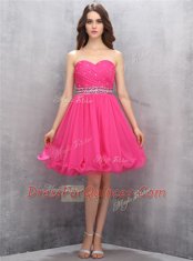 Knee Length Hot Pink Homecoming Dress Chiffon Sleeveless Beading