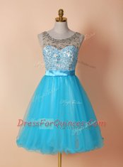 Romantic Scoop Knee Length Blue Prom Party Dress Tulle Sleeveless Beading and Lace