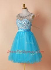 Romantic Scoop Knee Length Blue Prom Party Dress Tulle Sleeveless Beading and Lace