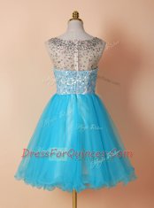 Romantic Scoop Knee Length Blue Prom Party Dress Tulle Sleeveless Beading and Lace