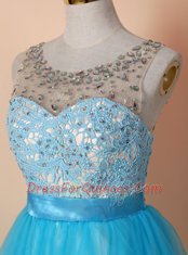 Romantic Scoop Knee Length Blue Prom Party Dress Tulle Sleeveless Beading and Lace