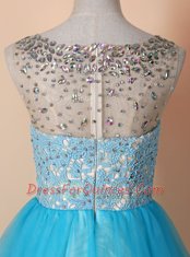 Romantic Scoop Knee Length Blue Prom Party Dress Tulle Sleeveless Beading and Lace
