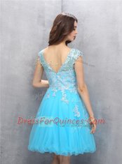 Top Selling Blue A-line Scoop Cap Sleeves Organza Knee Length Zipper Beading and Appliques Prom Party Dress