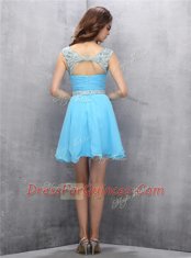 Scoop Knee Length Baby Blue Prom Dresses Chiffon Sleeveless Beading