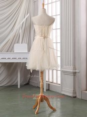 White and Champagne A-line Belt and Hand Made Flower Prom Dresses Zipper Tulle Sleeveless Knee Length