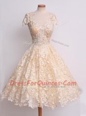 V-neck Cap Sleeves Zipper Homecoming Dress Peach Lace