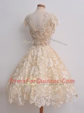 V-neck Cap Sleeves Zipper Homecoming Dress Peach Lace