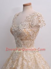 V-neck Cap Sleeves Zipper Homecoming Dress Peach Lace