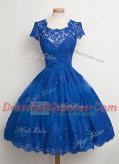 A-line Royal Blue Square Lace Cap Sleeves Knee Length Zipper