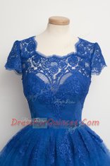 A-line Royal Blue Square Lace Cap Sleeves Knee Length Zipper