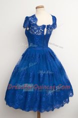 A-line Royal Blue Square Lace Cap Sleeves Knee Length Zipper
