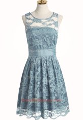 Hot Selling Scoop Lace Knee Length A-line Sleeveless Light Blue Prom Evening Gown Zipper